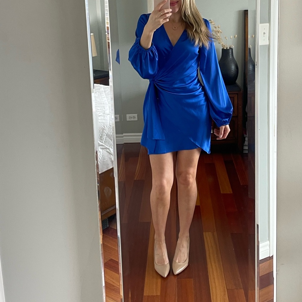 Dress Day Royal Blue Satin Wrap Dress Long Sleeve Size L
